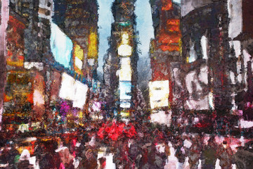 Abstract modern painting with words cloud. Times Square