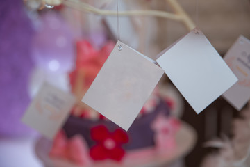 Blank card hanging on string with peg . A sheet of paper on a rope with clothespins on a blurred background .white note . White envelope and beige card hanging on string isolated on blure background .