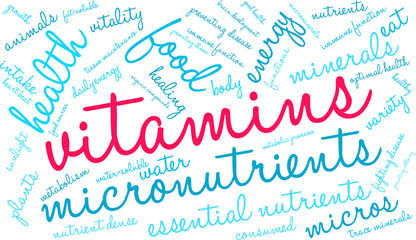 Vitamins Word Cloud on a white background. 
