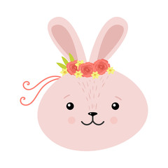 Cute rabbit in a wreath of flowers. Raster illustration in flat cartoon style.