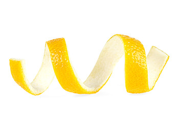 Twist of lemon peel on a white background. Citrus peel.