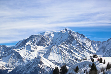 Glacier de Bionnasay and Mont Blanc Summit on a sunny day. A ski lift station on the right. Chamonix Haute-Savoi, France.