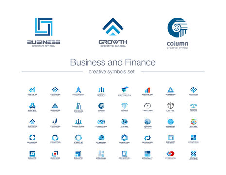 Business and finance creative symbols set. Global banking, stock marketing abstract business logo concept. Growth arrow, success, increase icons. Corporate identity logotypes, company graphic design