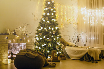 A warm cozy room with a fireplace, low-light