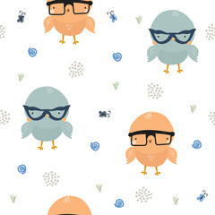 Funny chicken with glasses seamless pattern. Kids summer print. Vector hand drawn illustration.