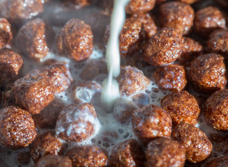 Chocolate cereal balls in milk as food background