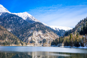 Ritsa Lake, a mountain lake in Abkhazia in the Caucasus Mountains