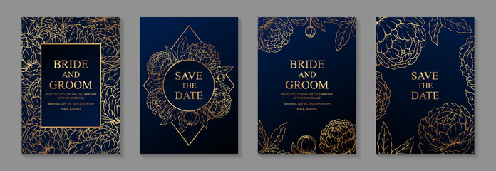 Set of luxury floral wedding invitation design or greeting card templates with golden peonies on a navy blue background.