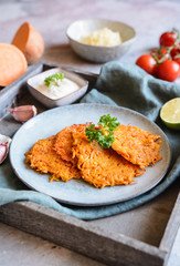 Homemade fried sweet potato cakes on a plate