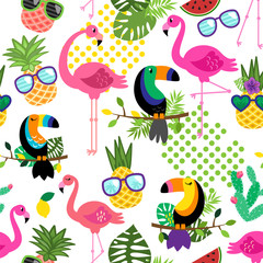Seamless, Tileable Tropical Vector Pattern with Flamingos, Toucans, Cacti and Tropical Leaves - 290380137