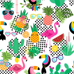 Seamless, Tileable Tropical Vector Pattern with Flamingos, Toucans, Cacti and Tropical Leaves - 290380170