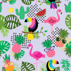 Naklejka premium Seamless, Tileable Tropical Vector Pattern with Flamingos, Toucans, Cacti and Tropical Leaves