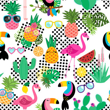 Seamless, Tileable Tropical Vector Pattern with Flamingos, Toucans, Cacti and Tropical Leaves