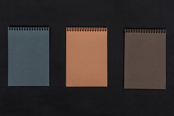 A beige, a brown and a blue ring-bound notebooks on the black textured paper 