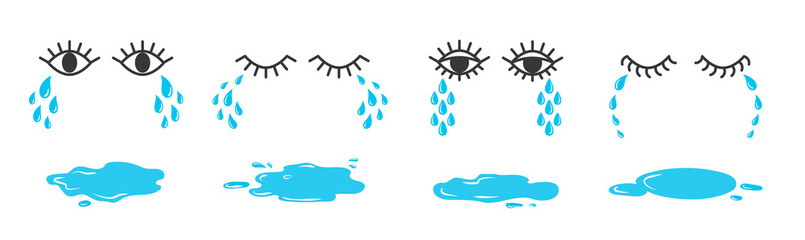 Set of doodle eyes crying with tear drops and puddles. Cartoon weeping emoji collection.