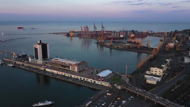 Drone flies to Odessa Seaport from the Potemkin Steps and city centre