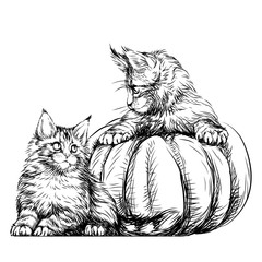 Little kittens. Wall sticker. Hand-drawn sketch of cute kittens and pumpkins.