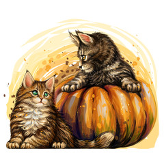  Little kittens. Wall sticker. Hand-drawn, color sketch of cute kittens and pumpkins in a watercolor style.