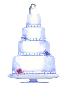 Wedding cake with blue and pink hydrangea flowers. Isolated element on a white  background. Stock illustration hand painted in watercolor.