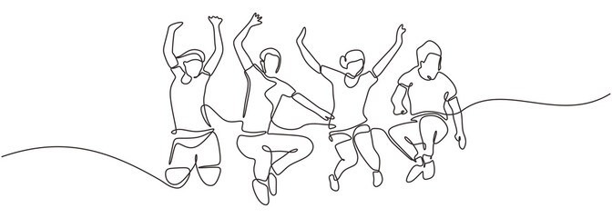 Gruppe von Menschen springen sieht glücklich aus und genießt ihr Leben kontinuierlich in einer Linie, die minimalistisches Design zeichnet. Vektor-Illustration Einfachheit konzeptionelle Metapher-Design.