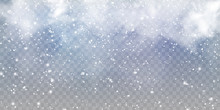 Falling Christmas beautiful snow with snowdrifts isolated on transparent background. Grey shiny poster with winter landscape, wind, blizzard. Snowflakes, snow background. Heavy snowfall, snowflakes.