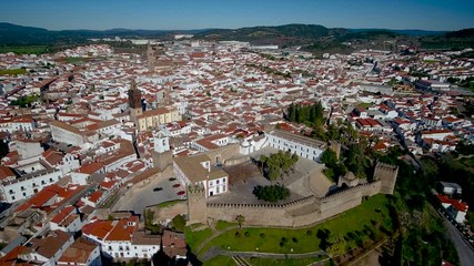 Aerial. Historic Spanish village Jerez de los Caballeros filmed from the sky
