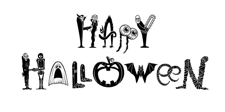 Happy Halloween text vector. Creative banner for party or holiday events design. Halloween black silhouette characters.