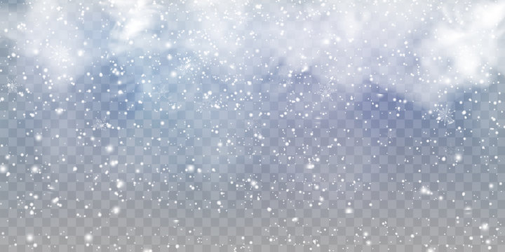 Falling Christmas beautiful snow with snowdrifts isolated on transparent background. Grey shiny poster with winter landscape, wind, blizzard. Snowflakes, snow background. Heavy snowfall, snowflakes.