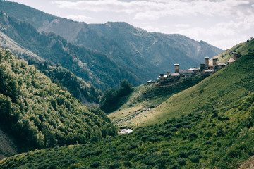 Fototapeta premium The mountain village of Adishi. Location Upper Svaneti, Georgia country, Europe. Main Caucasian ridge.