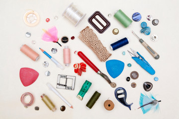 flat lay with sewing tools and sewing accessories