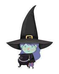 cute little girl with witch costume and cauldron