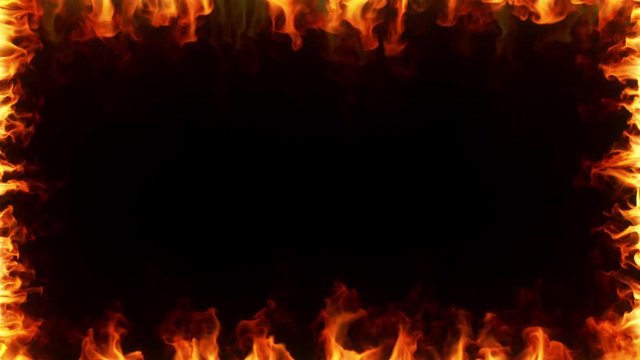 Fire burning in slow motion. A fiery frame surrounding the screen on black isolated background. Seamless loop 3d render