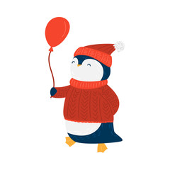 Cute penguin. Raster illustration in flat cartoon style
