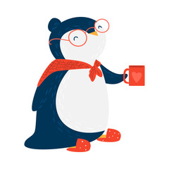 Cute penguin. Raster illustration in flat cartoon style