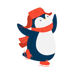 Cutepenguin ice skating. Raster illustration in flat cartoon style