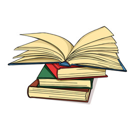 A stack of books lie one upon the other. One book is open. Vector illustration for bookstore, school, university, library.