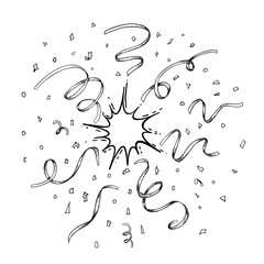 Confetti sketches, ribbons, tinsel, clapperboard, explosion, holiday.