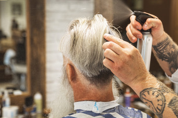 Fototapeta premium Hairdresser making stylish haircut for a handsome old man