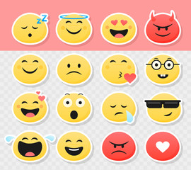 Set of cute smiley emoticons stickers, flat design, vector illustration