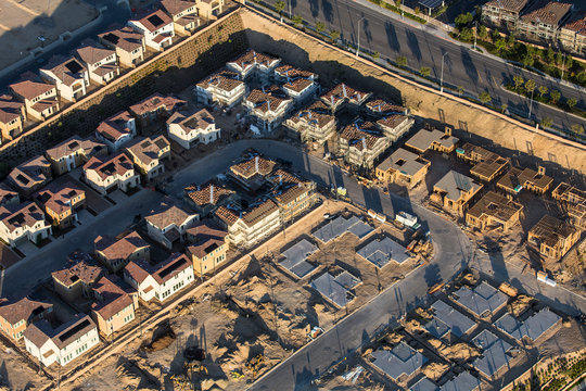 Aerial view of residential construction in the San Fernando Valley area of Los Angeles, California.  