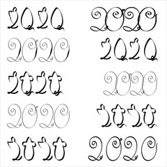 Design set of ten flat vector templates  is isolated on white background. Happy New Year 2020. Set of calligraphy, hand drawn numbers for Chinese Year of the Rat.