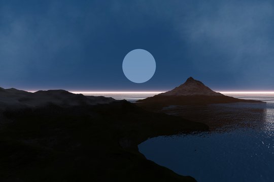 Mountain, a mediterranean landscape, snow on the peak, moon in the sky and reflection in the sea.
