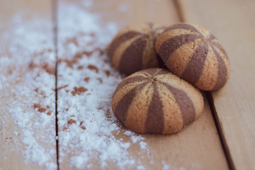 Chocolate cookies on wooden table. Chocolate chip cookies