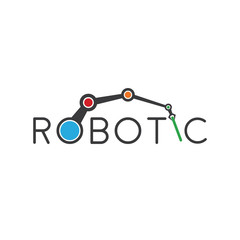 robotic text logo with robotic arm.