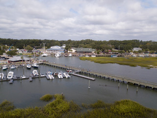 Low aerial view of Murrells Inlet, South Carolina and waterfront.