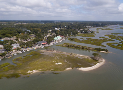 Aerial view of Murrells Inlet, South Carolina and coastline.