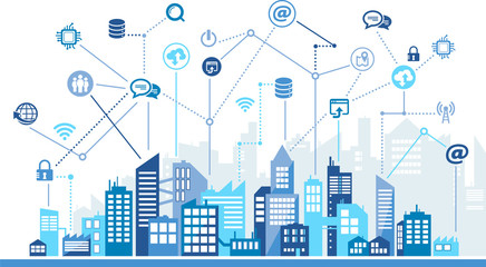 IT technology icon concept with city background - online data / wireless internet / cloud computing / blockchain / ai: vector illustration