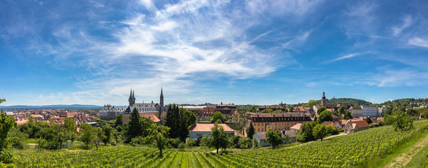 Panorama view of of Bamberg old town on sunny day from Michaelsberg - obrazy, fototapety, plakaty