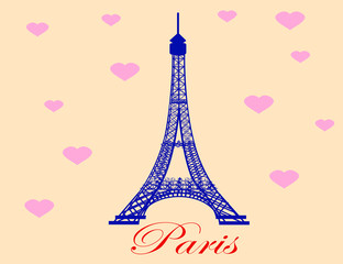 The Eiffel Tower with colored background and pink hearts. Paris, France. VECTOR.