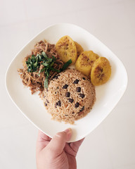 shredded meat with black beans and rice garnished with coriander sprigs